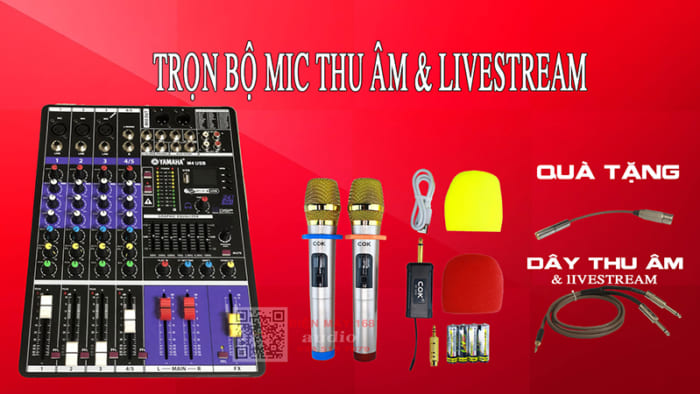 Trọn bộ mic thu âm livestream và mixer yamaha M4 