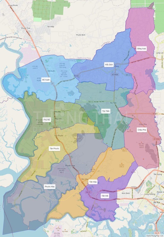 Bản đồ đơn vị hành chính của Thị xã Phú Mỹ (giá bán đất nền Phú Mỹ 2022)
