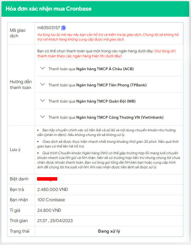 Hoá đơn xác nhận mua Cronbase trên sàn MuaBanUsdt