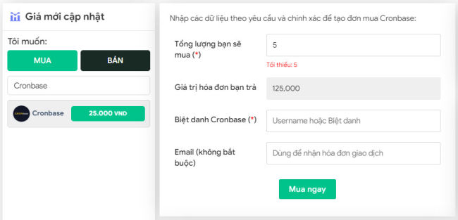 Đặt đơn mua Cronbase trên sàn MuaBanCrypto