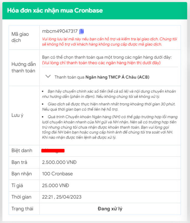 Hoá đơn xác nhận mua Cronbase trên sàn Muabancrypto