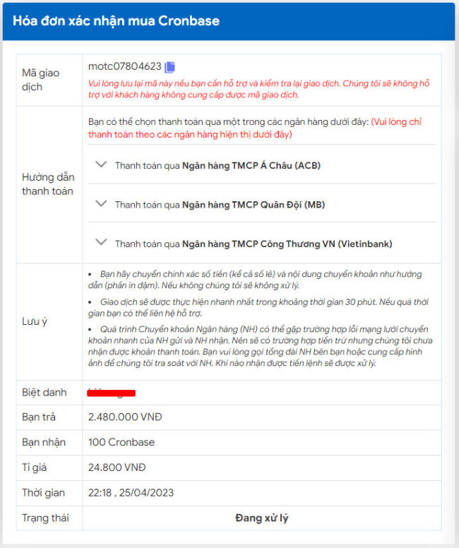 Hoá đơn mua Cronbase trên sàn CoinOTC