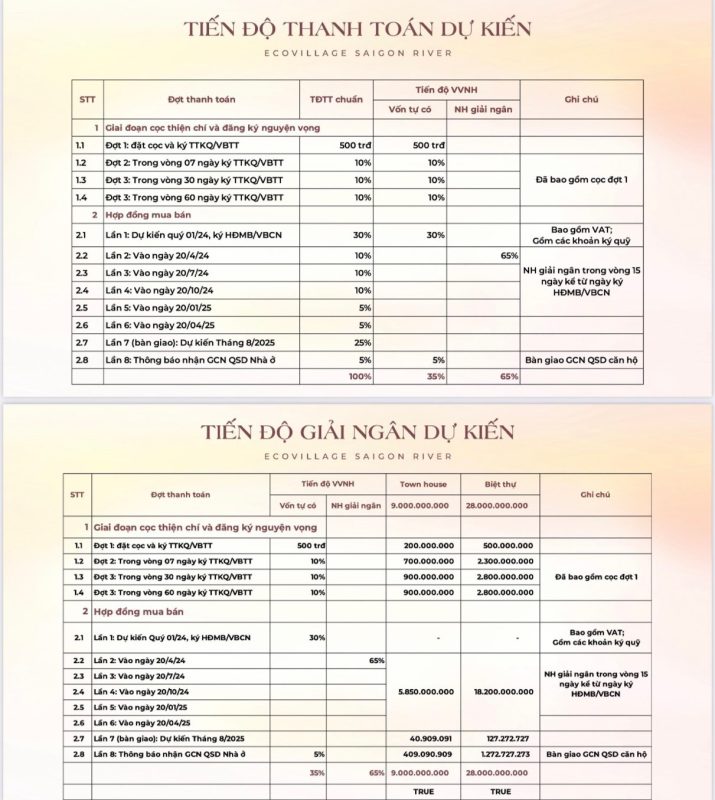Tiến độ thanh toán Ecovillage Saigon River