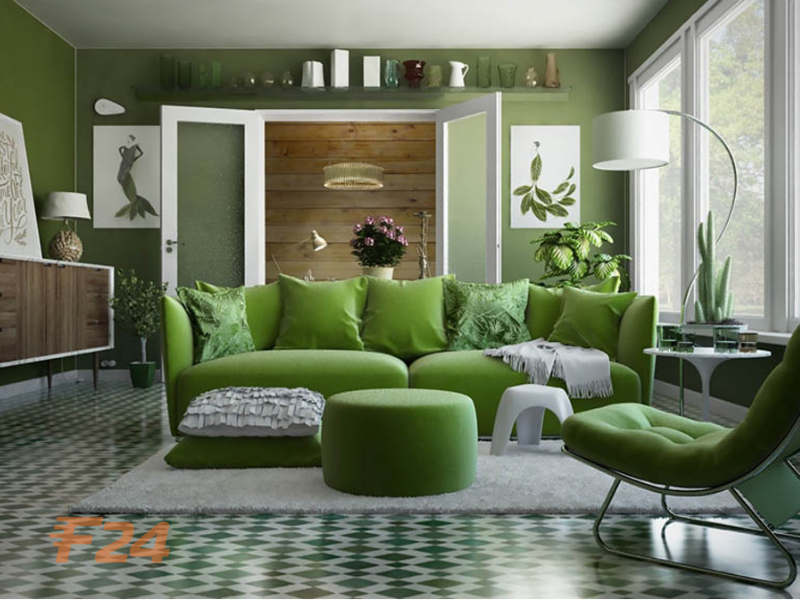 Phòng khách được kết hợp từ nhiều nguyên liệu xanh