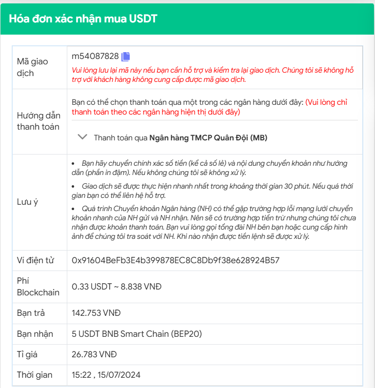 Hóa đơn xác nhận mua USDT