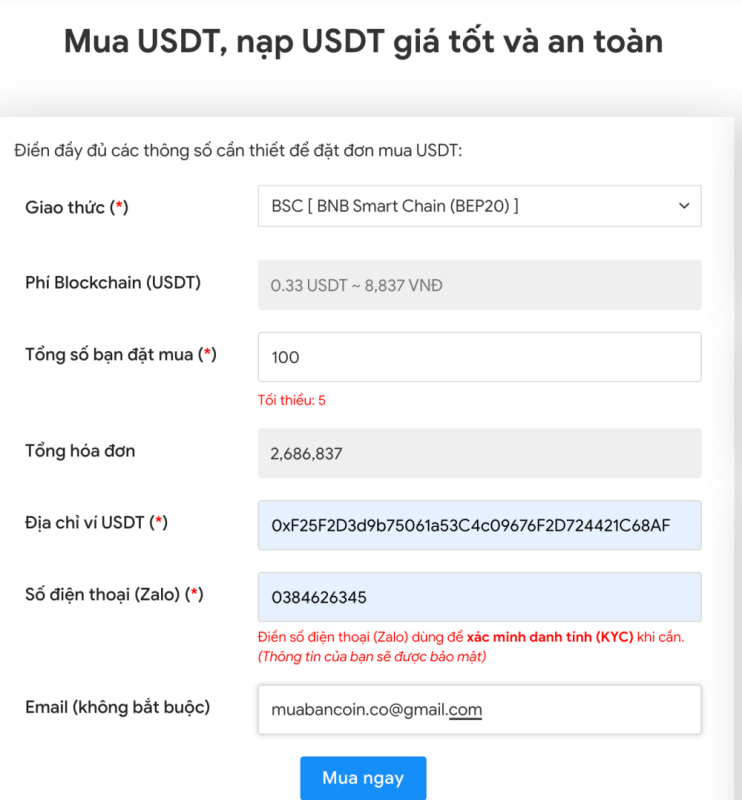 Phiếu đặt mua USDT