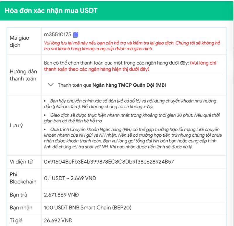 Hóa đơn xác nhận mua USDT