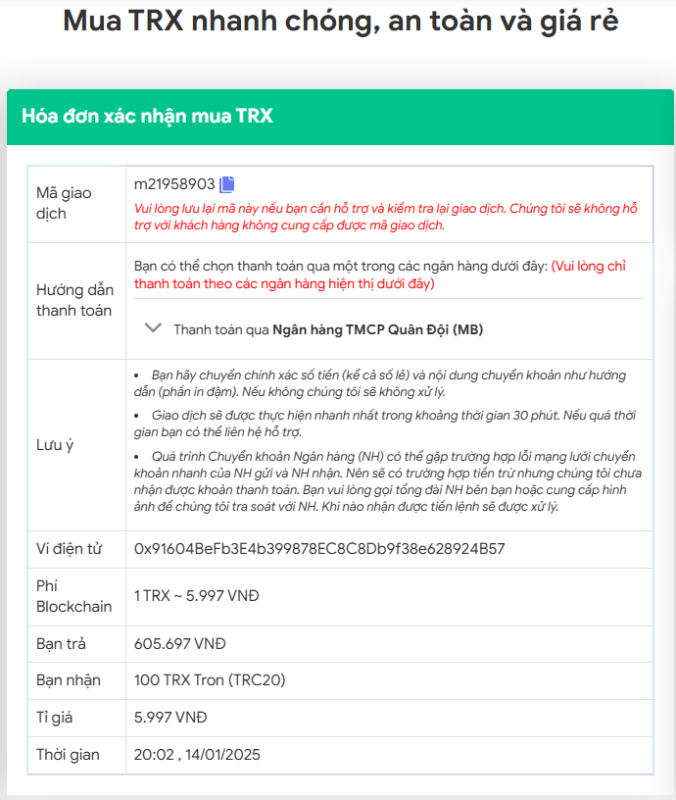 Hóa đơn xác nhận mua TRX