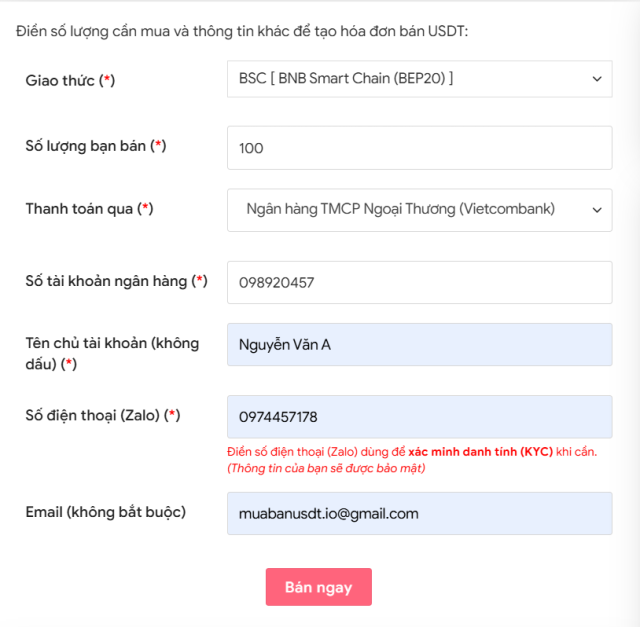 Đặt đơn bán USDT