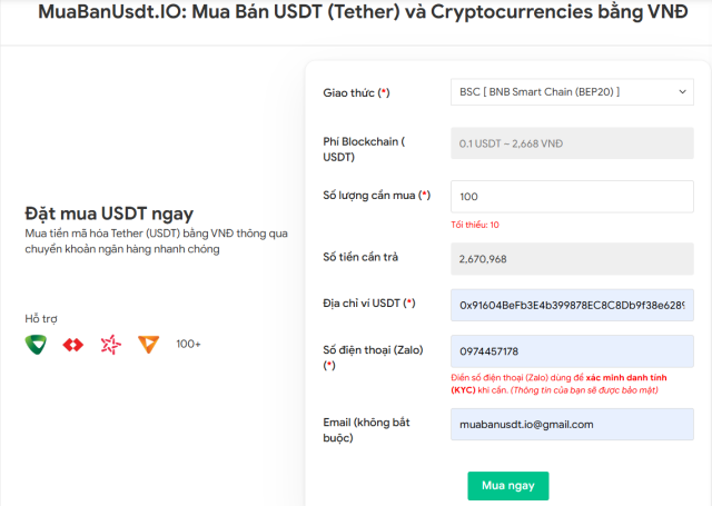 Đặt đơn mua Usdt trên sàn Muabanusdt.IO