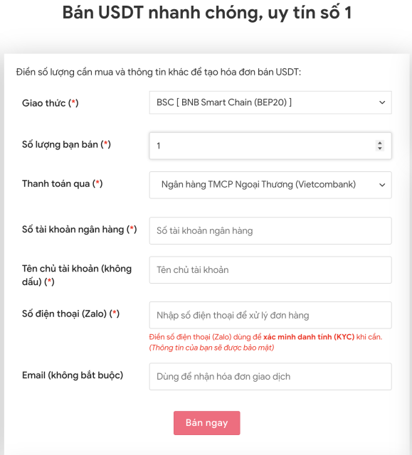 Điền thông tin bán Usdt